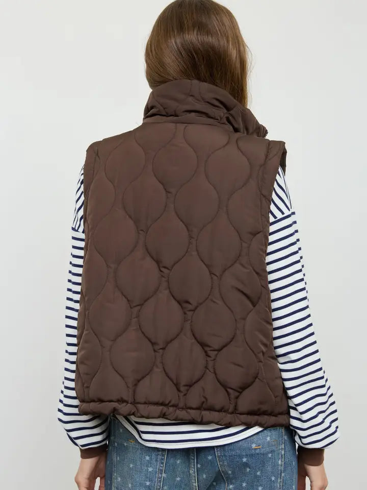 Plaid Collar Quilted Zip-Up Vest