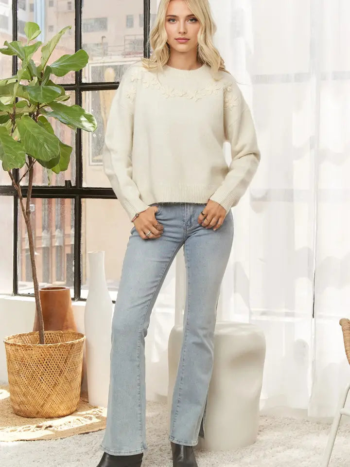 Long Sleeve Sweater with Floral Neck Design