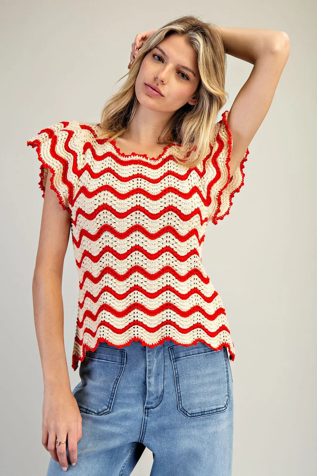 Crochet Knit Flutter Sleeve Sweater