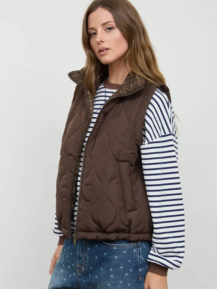 Plaid Collar Quilted Zip-Up Vest