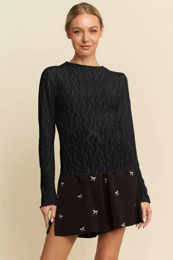 Long Sleeve Sheer Embroidered Bows Lace Top