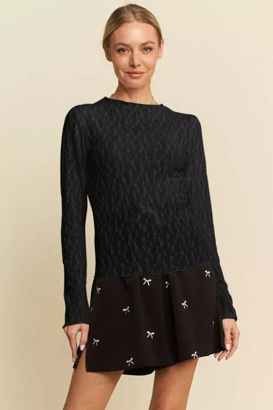 Long Sleeve Sheer Embroidered Bows Lace Top