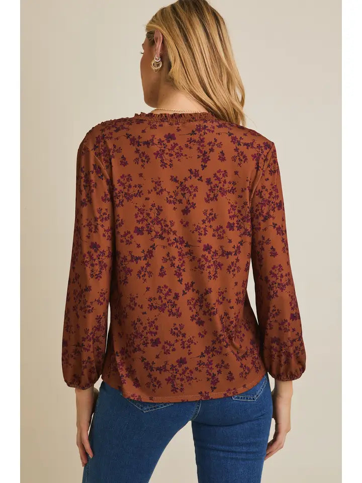 Notch Neck Long Sleeve Button Down Disty Top