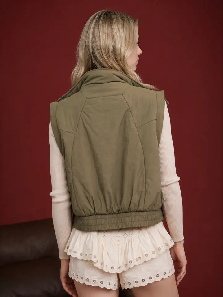 Cropped Mock Neck Snap Puffer Vest