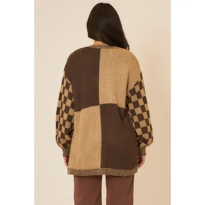 Checker Jacquard Knit Open Cardigan