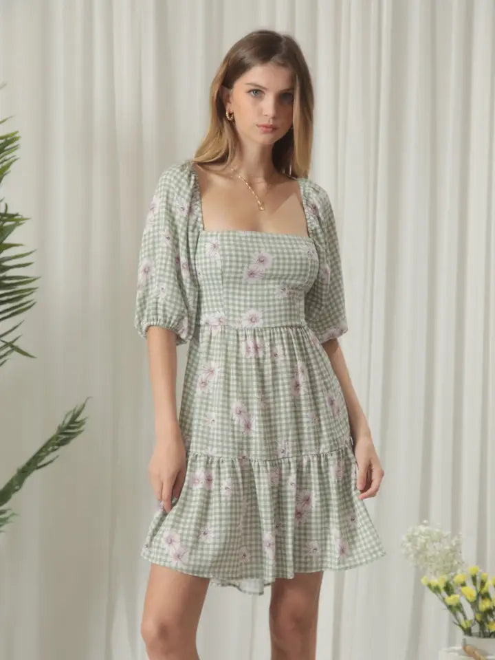 Plaid Floral Printed Tiered Mini Dress