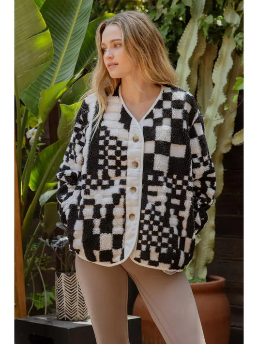 Checkered V Neck Button Down Fleece Jacket