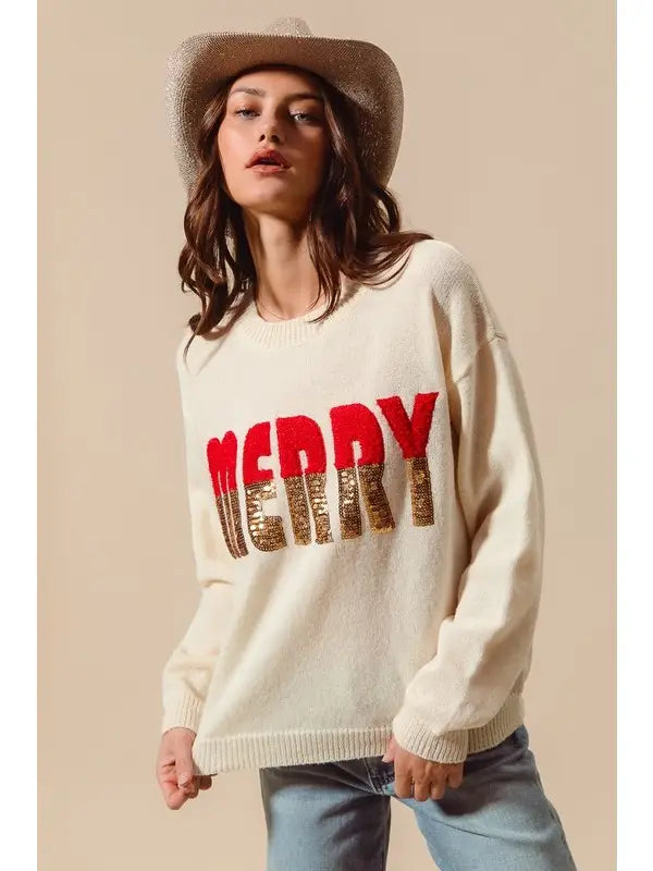 Contrast Sequin Merry Lettering Christmas Sweater Top