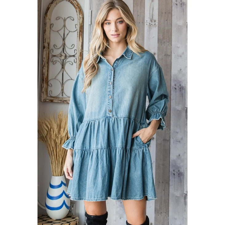 VEVERET Washed Denim Shirt Mini Dress