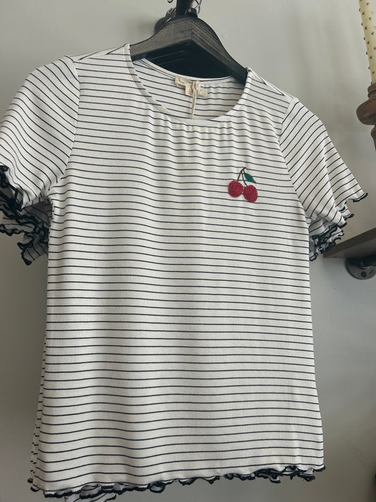 Stripe Rib Tee with Cherry Bead Embroidery