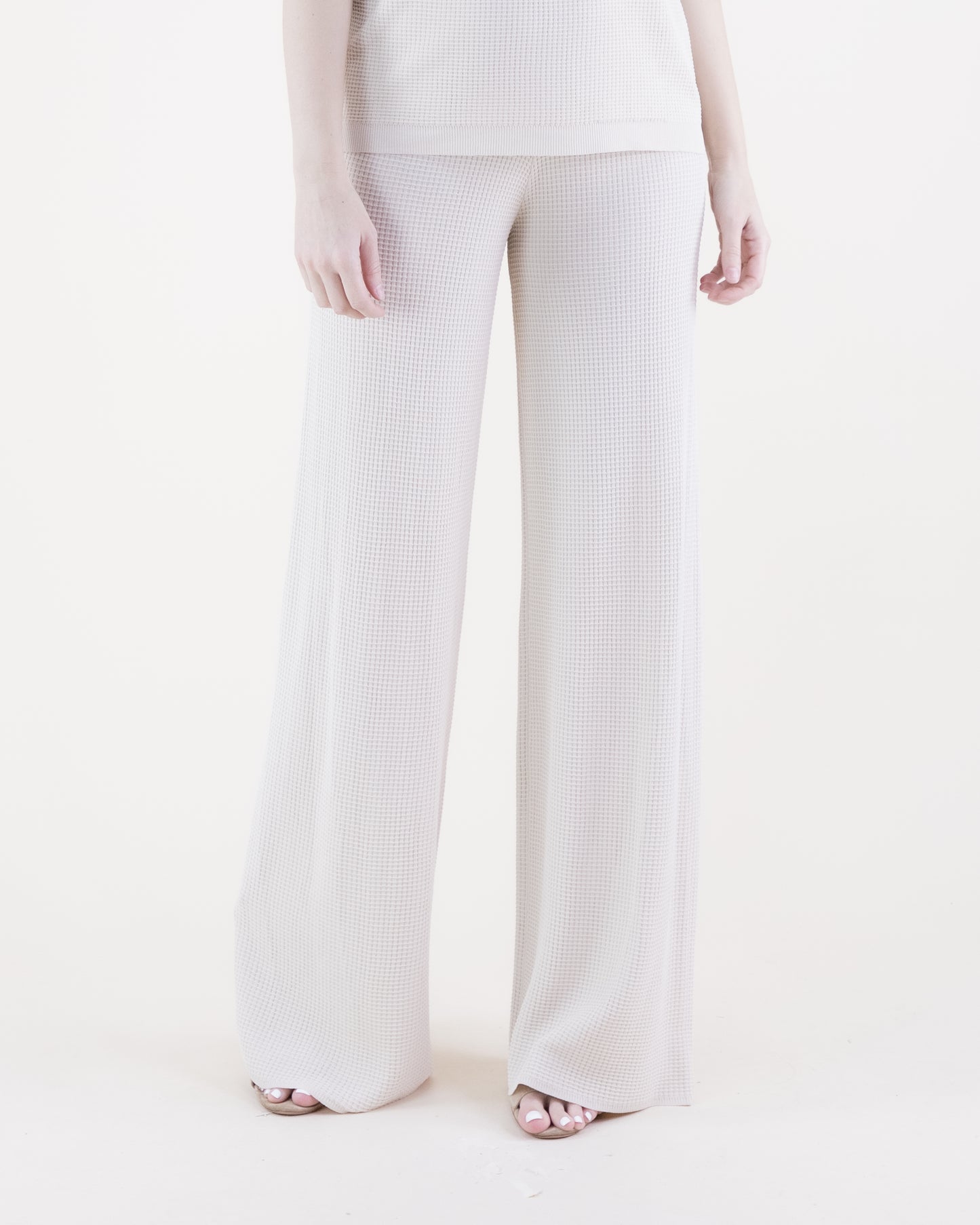 Beige Wide Leg Waffle Stitch Knit Pants