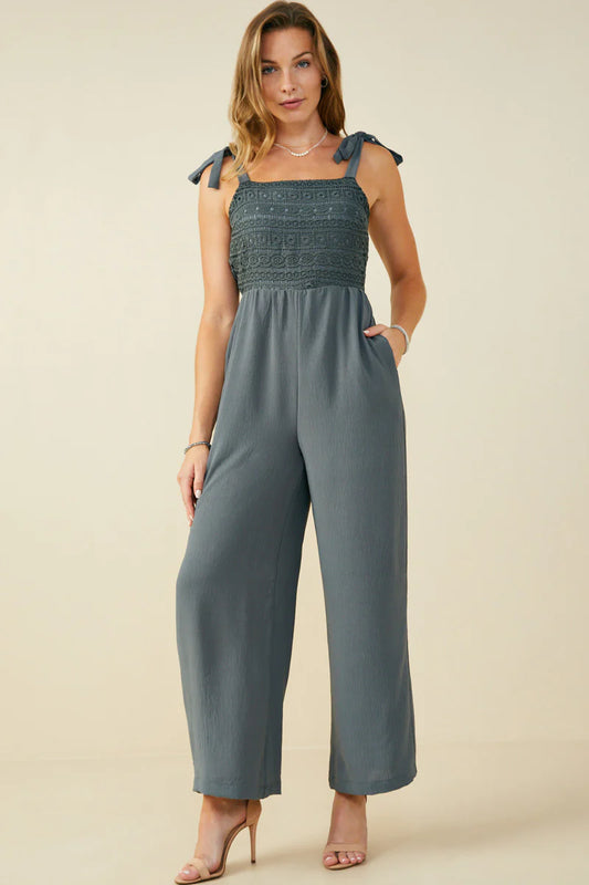 Womens Crochet Lace Paneled Wide Leg Jumpsuit