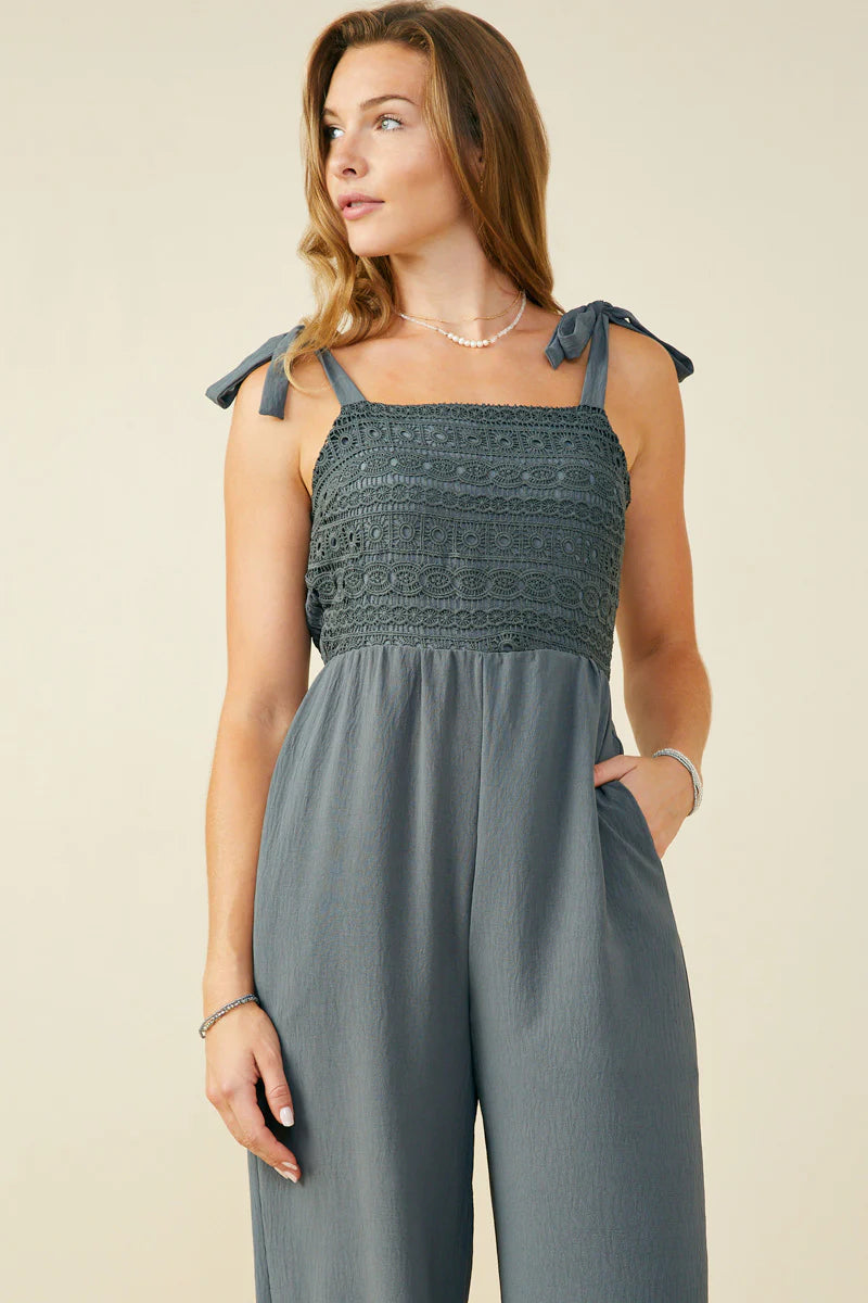 Womens Crochet Lace Paneled Wide Leg Jumpsuit