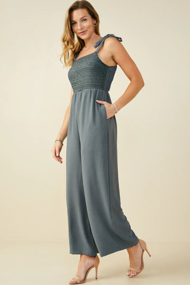 Womens Crochet Lace Paneled Wide Leg Jumpsuit