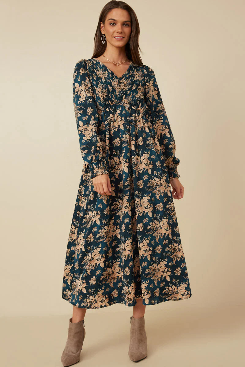 Womens Antique Floral Smocked Panel V Neck Dress