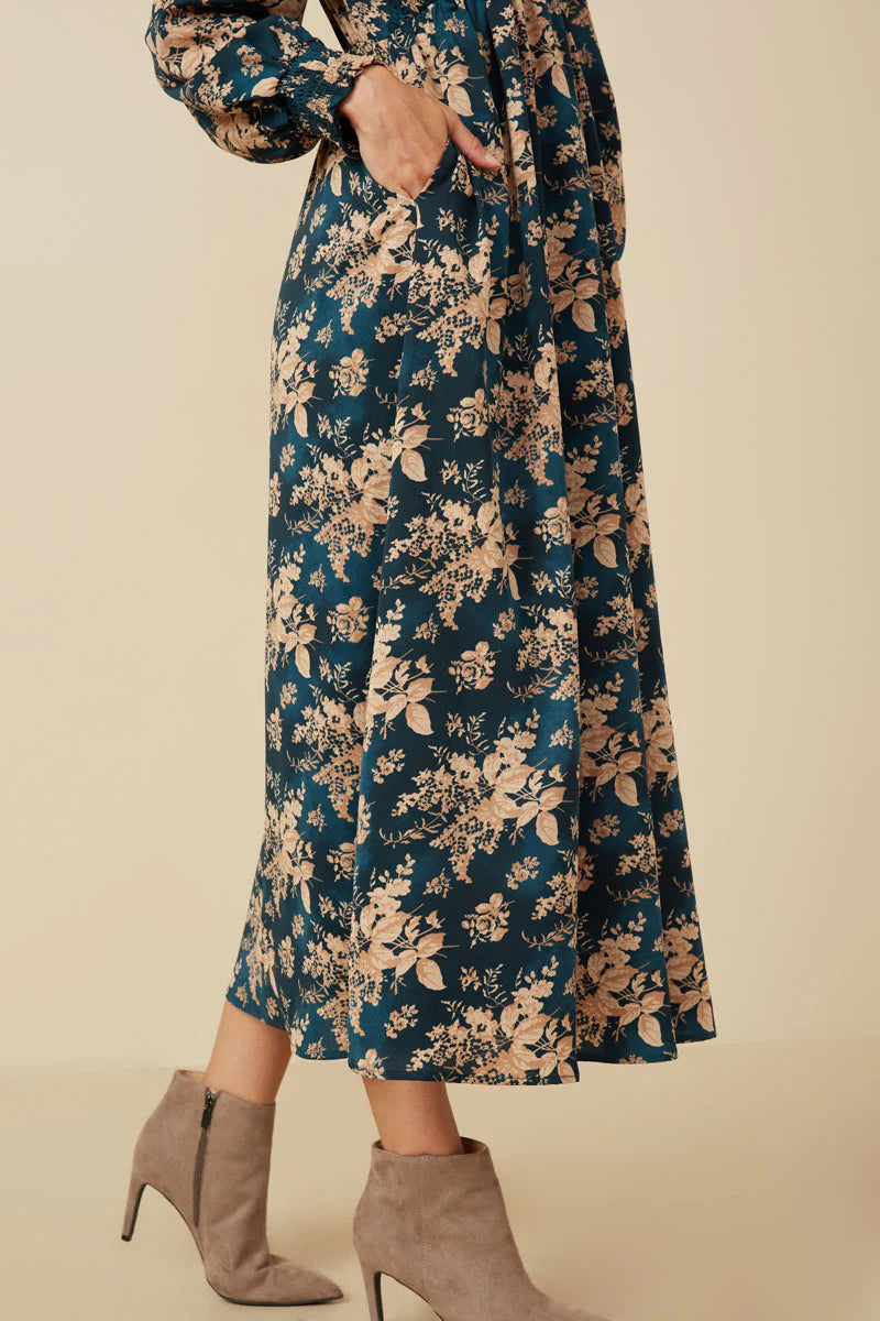 Womens Antique Floral Smocked Panel V Neck Dress