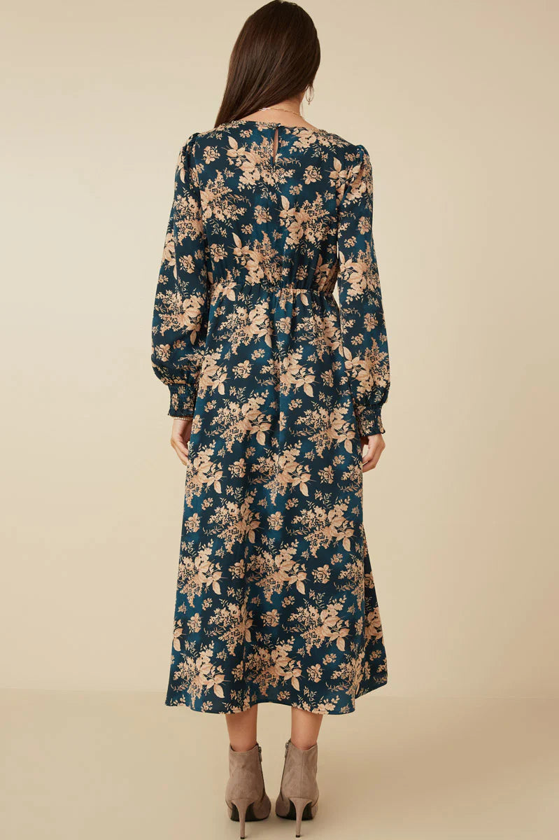 Womens Antique Floral Smocked Panel V Neck Dress