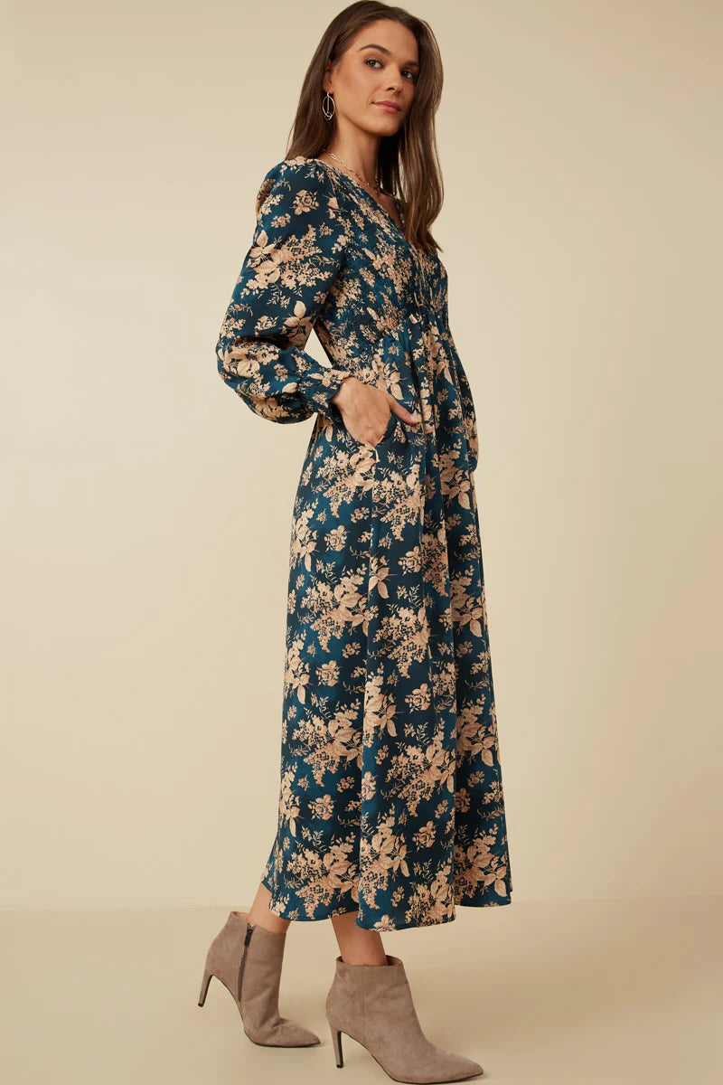 Womens Antique Floral Smocked Panel V Neck Dress