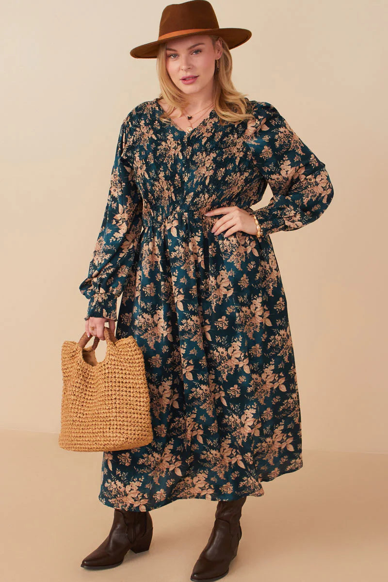 Womens Antique Floral Smocked Panel V Neck Dress