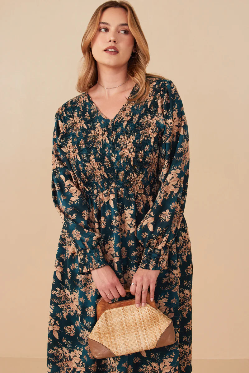 Womens Antique Floral Smocked Panel V Neck Dress