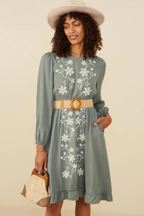 Women's Floral Embroidered Ruffle Hem Long Sleeve Dress