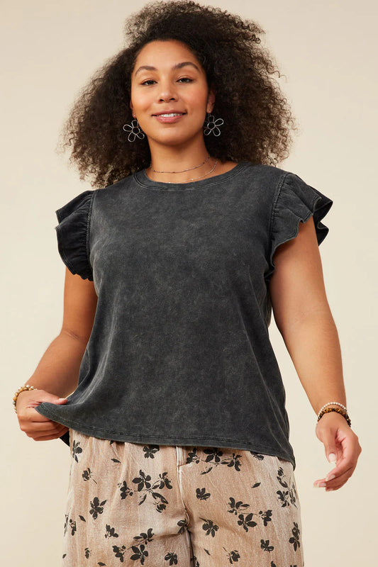 Womens Washed Ribbed Flutter Sleeve Knit Tank