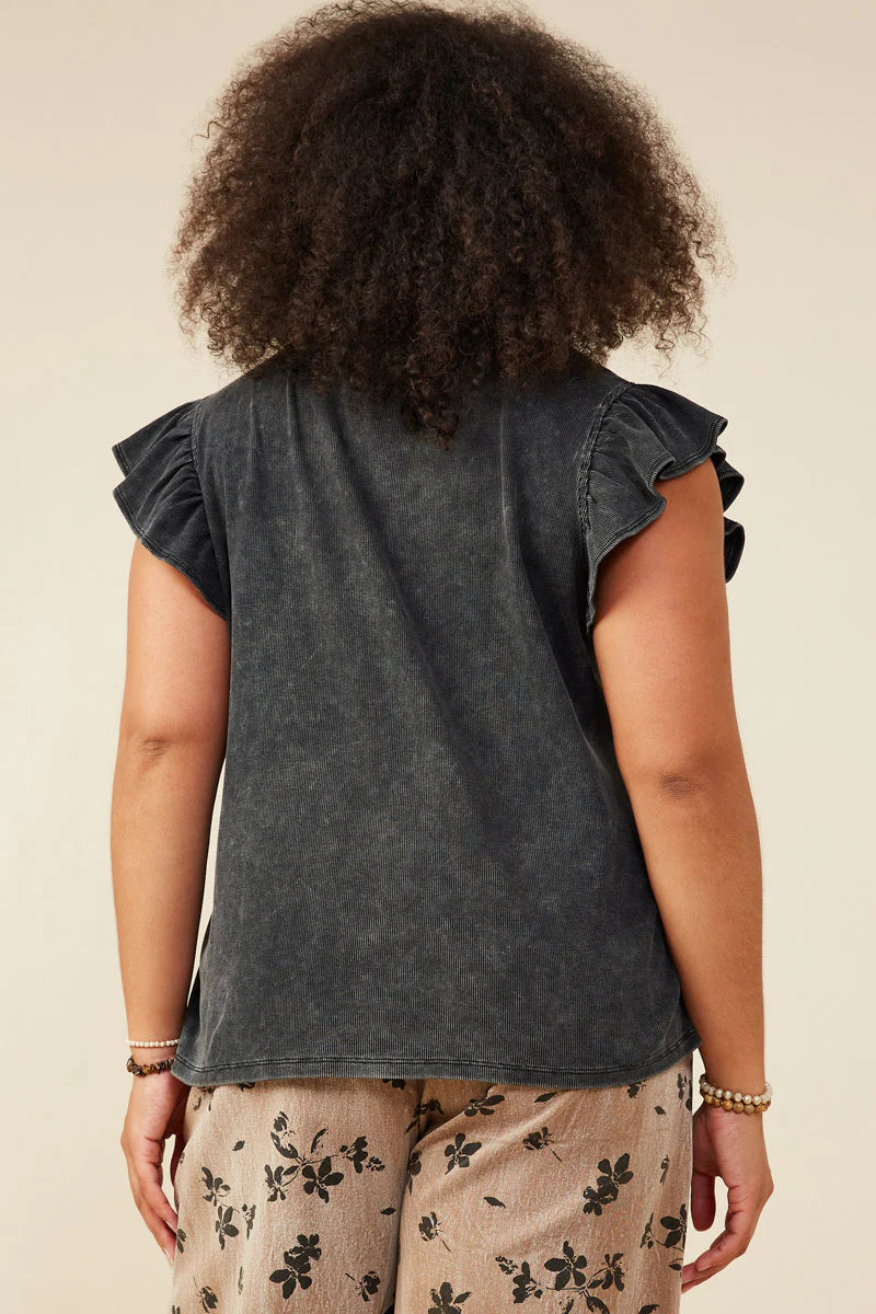 Womens Washed Ribbed Flutter Sleeve Knit Tank