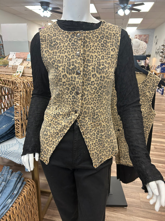 Leopard Printed Denim Snap Button Round Neck Vest