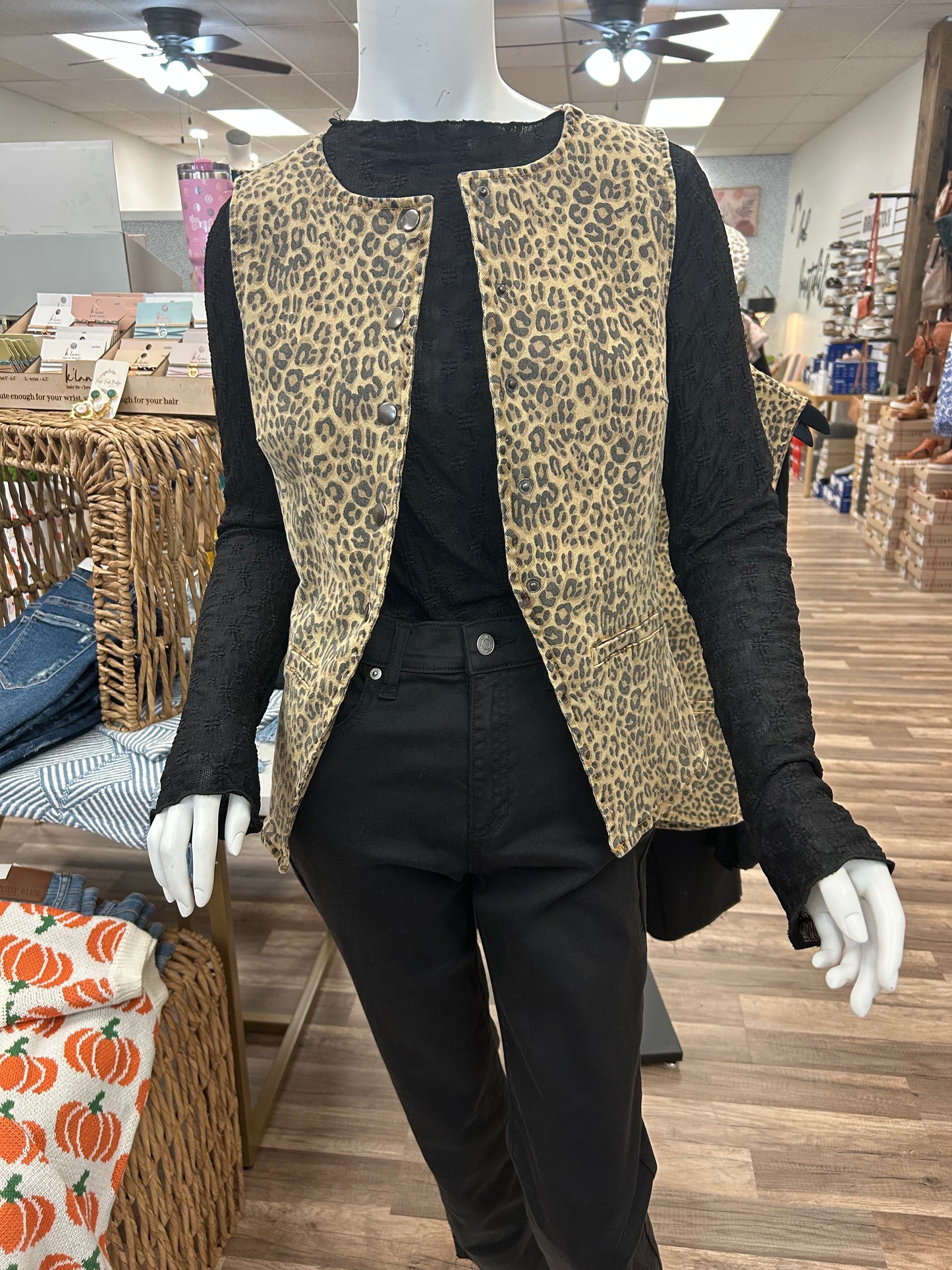 Leopard Printed Denim Snap Button Round Neck Vest