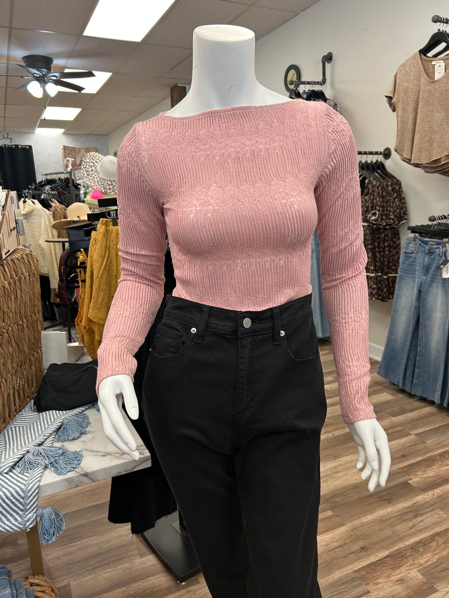 Boat Neck Long Sleeve Crochet Knit Top