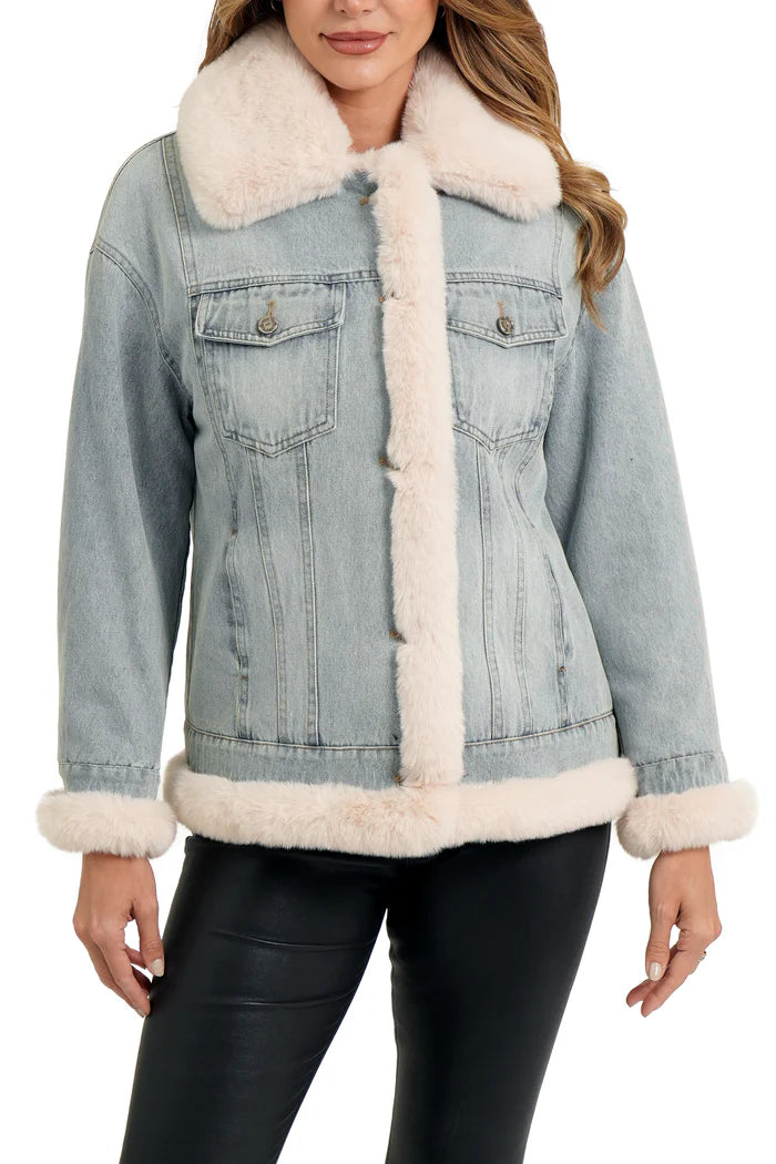 White Fur Trim Denim Jacket