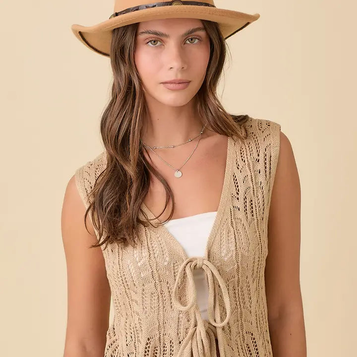 Long Crochet Knitted Vest with Front Tie Strap