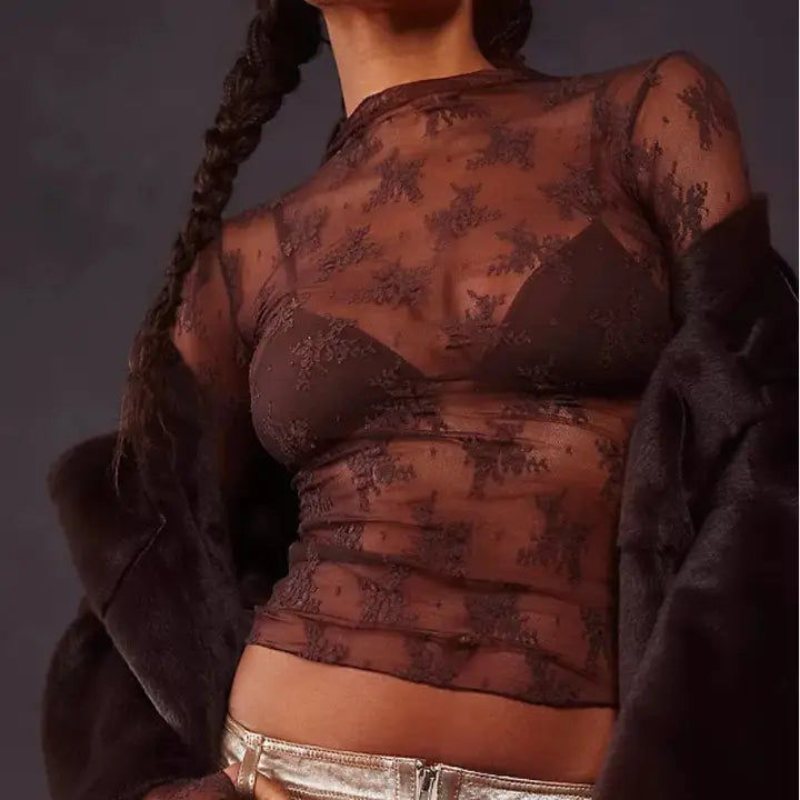 Lux Layering Floral Lace See Through Mesh Brown Top Blouse