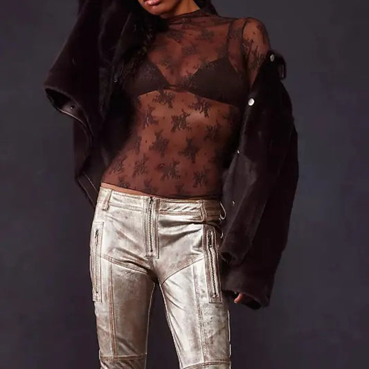 Lux Layering Floral Lace See Through Mesh Brown Top Blouse