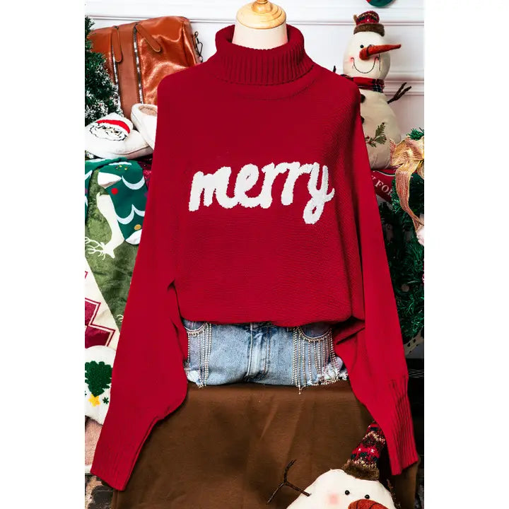 Merry Letter Embroidered High Neck Christmas Sweater Red