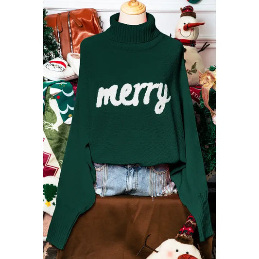 Merry Letter Embroidered High Neck Christmas Sweater Green