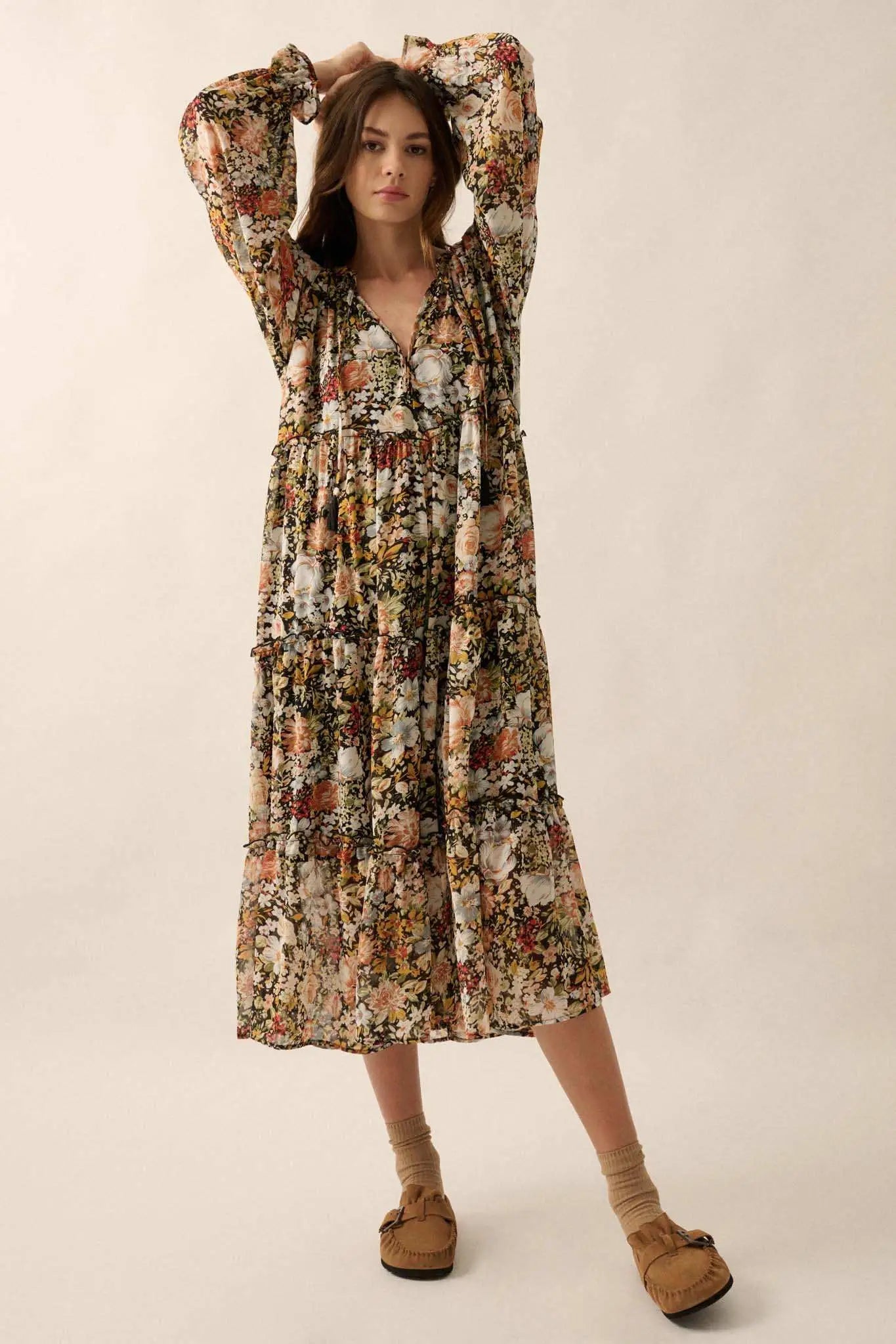 Blooming Harvest Tiered Floral Midi Prairie Dress