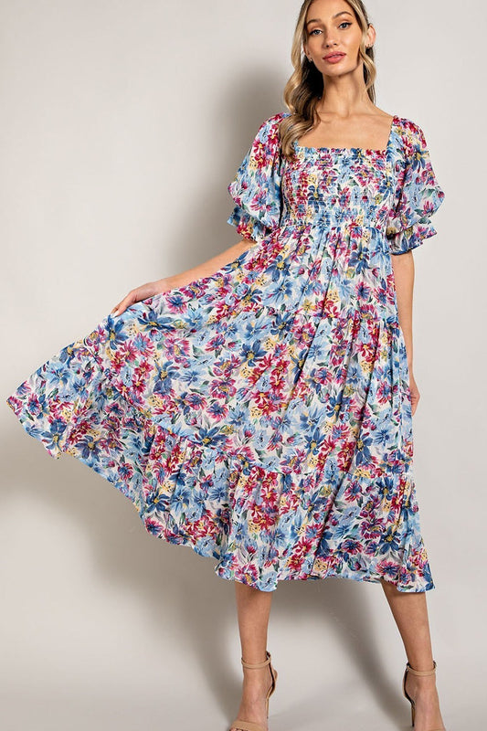 Plus Smocked Flare Midi Floral Dress