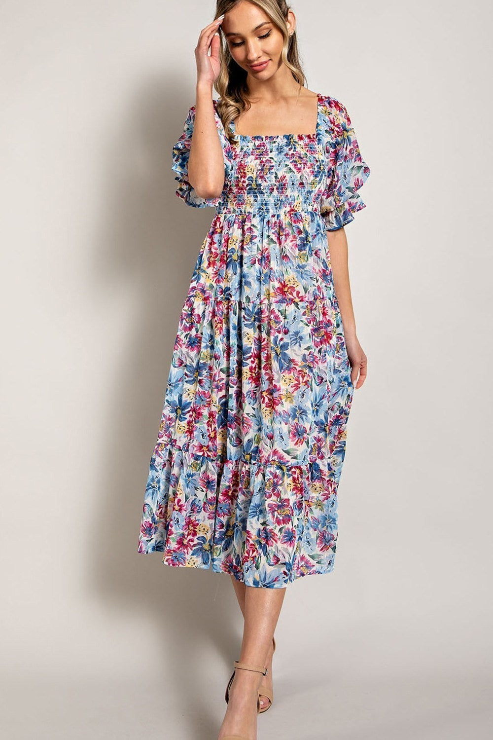 Plus Smocked Flare Midi Floral Dress