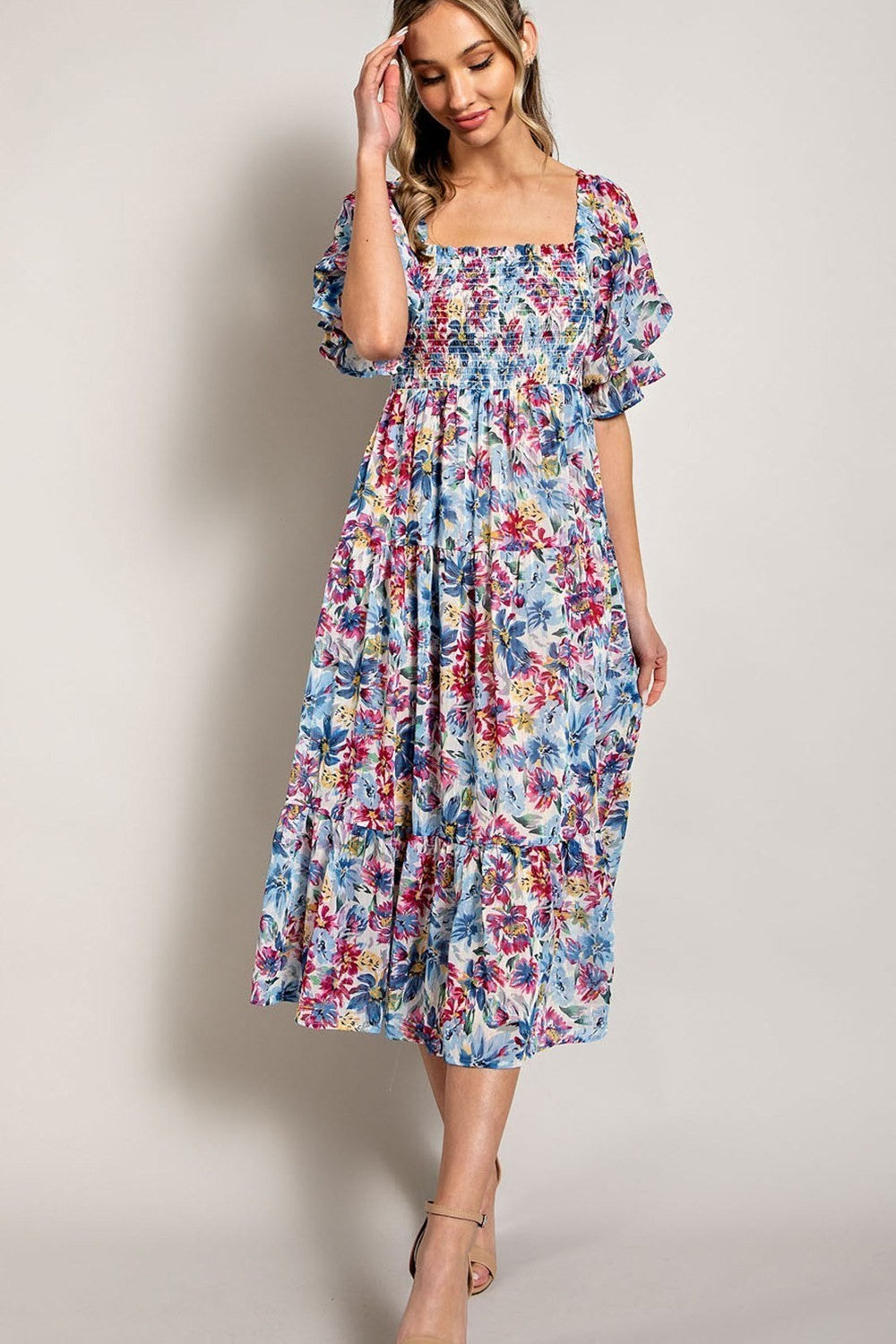 Plus Smocked Flare Midi Floral Dress – Fresh Finds Boutique