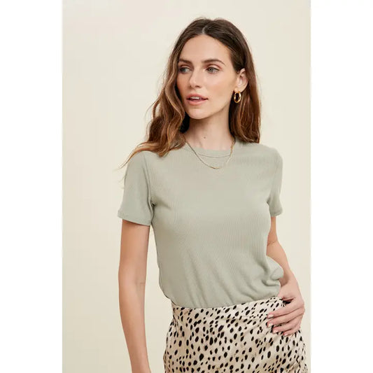 Ribbed Knit Basic T-Shirt Seagrass