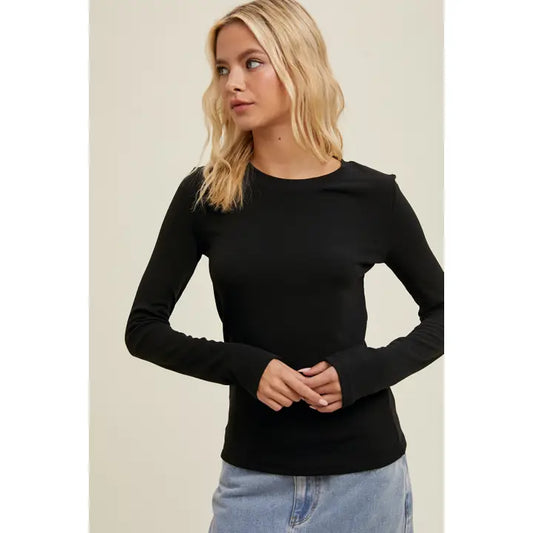 Round Neck Fitted Ribbed Knit Long Sleeve Top Black