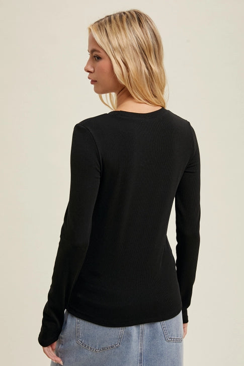 Round Neck Fitted Ribbed Knit Long Sleeve Top Black