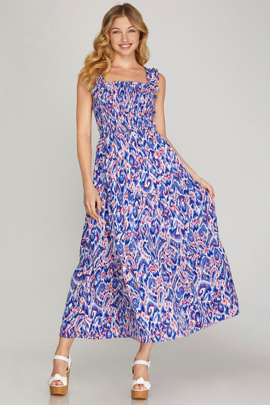 Print Smocked Blue Maxi Dress