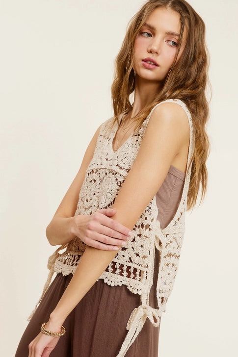 Side Self Tie Detail Crochet Vest Top