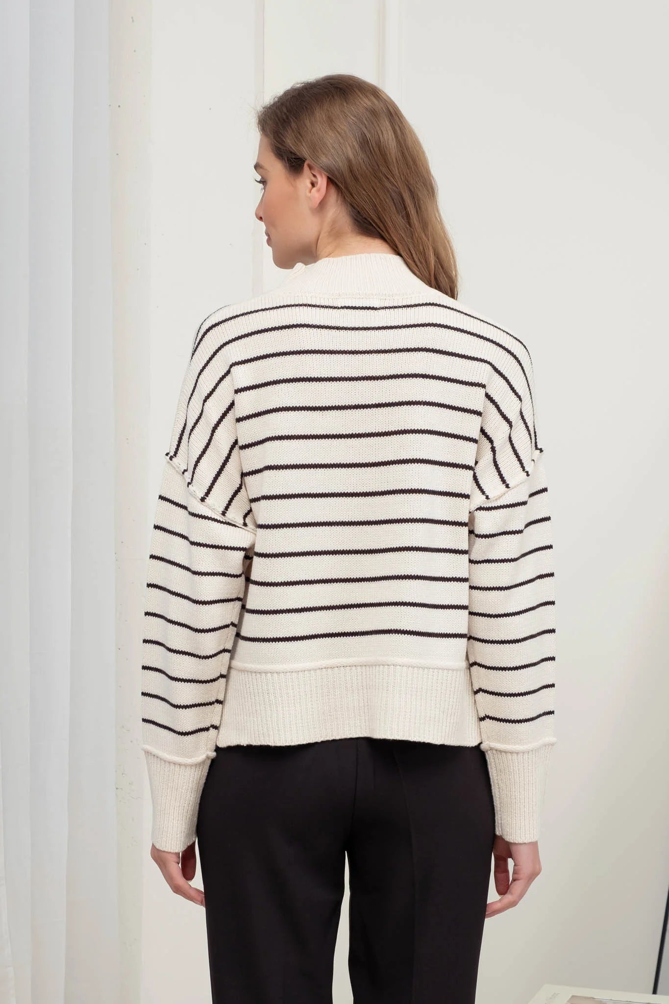 Stripe Mock Neck side Split Knit Pullover Sweater