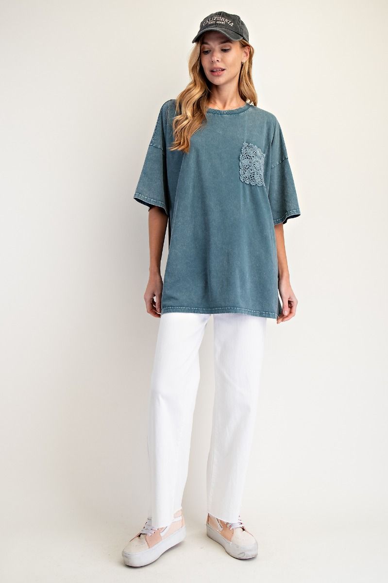 Easel Short Sleeve Mineral Washed Top - Faded Teal