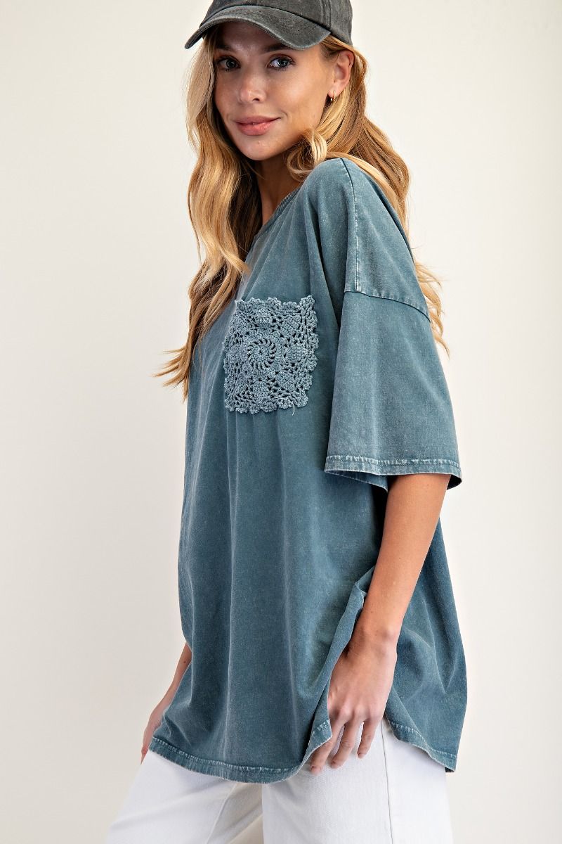 Easel Short Sleeve Mineral Washed Top - Faded Teal