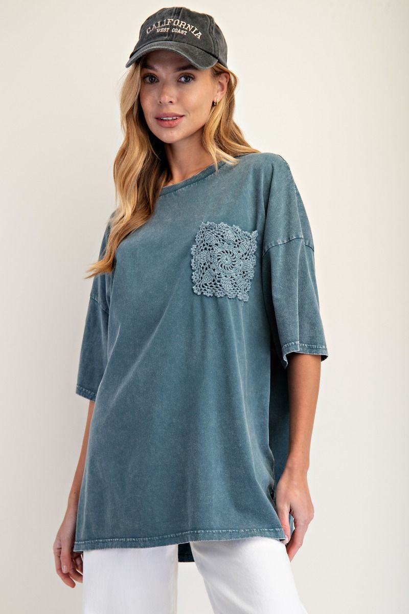 Easel Short Sleeve Mineral Washed Top - Faded Teal