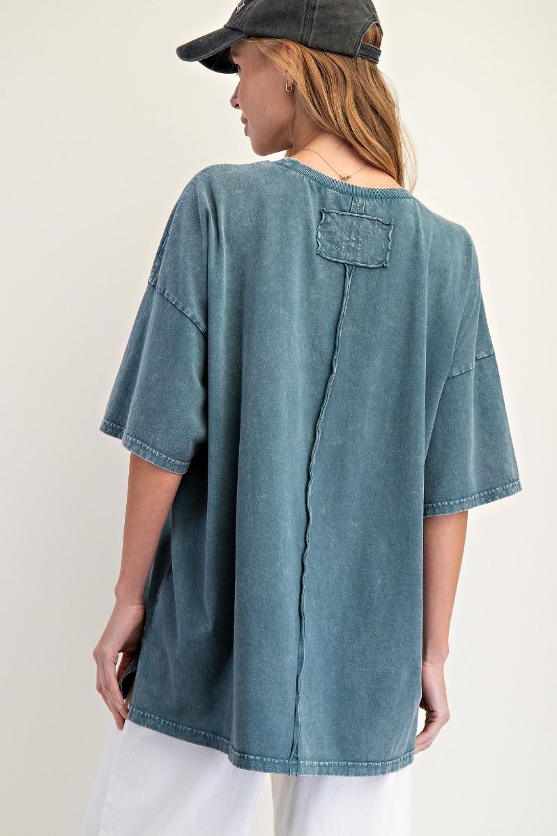 Easel Short Sleeve Mineral Washed Top - Faded Teal
